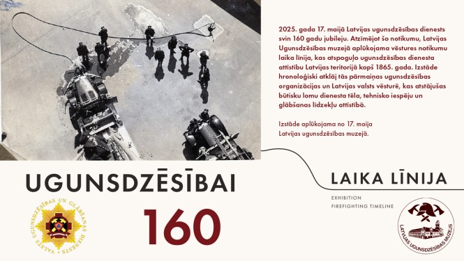 Izstādes plakāts ar tekstu un fotogrāfiju ar ugunsdzēsējiem