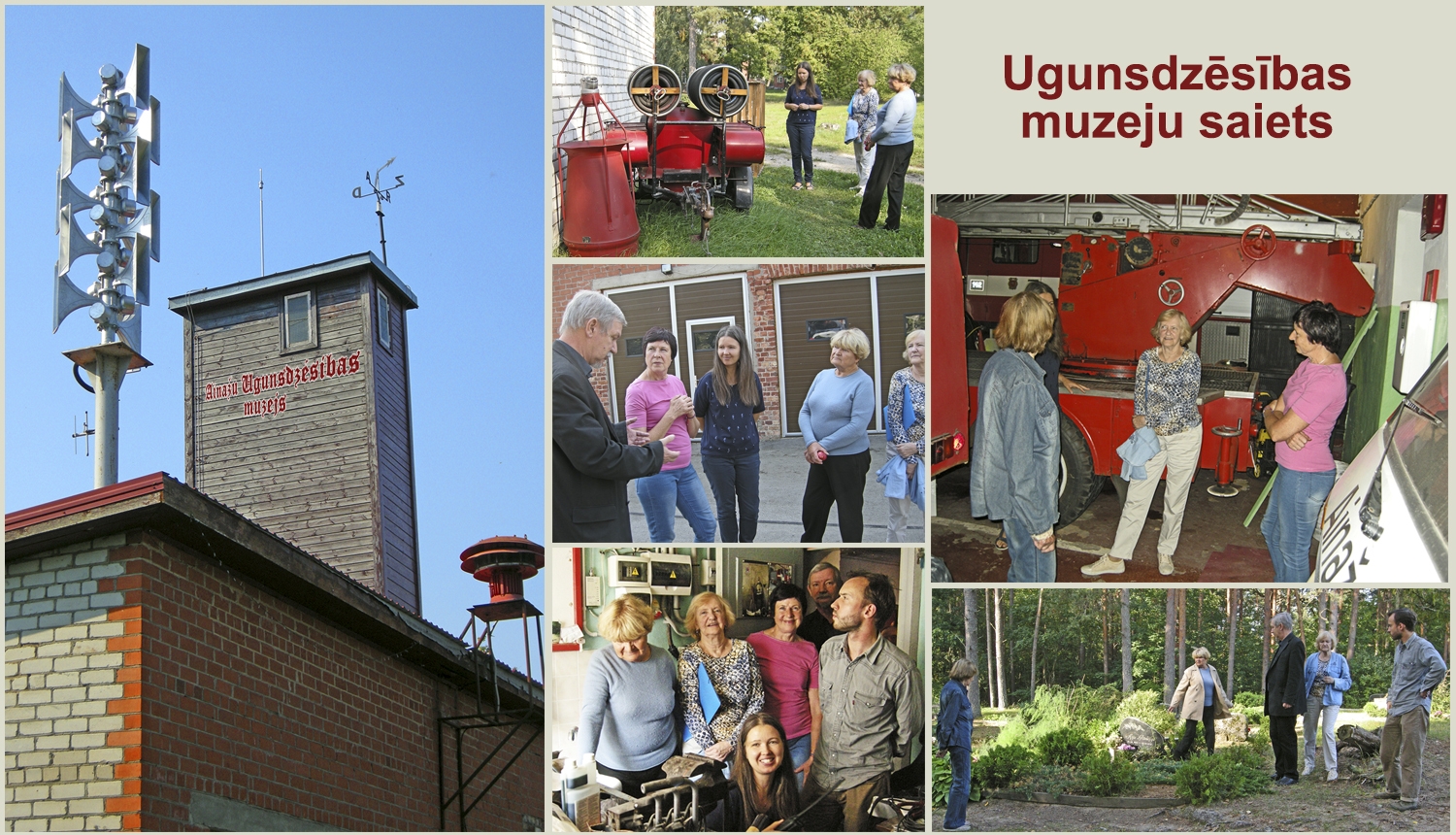 Fotošopā noformēts attēls - ugunsdzēsības depo tornis, fotogrāfijās uzņemti muzeju darbinieki